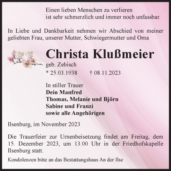 Traueranzeige von Christa Klußmeier von Volksstimme Wernigerode