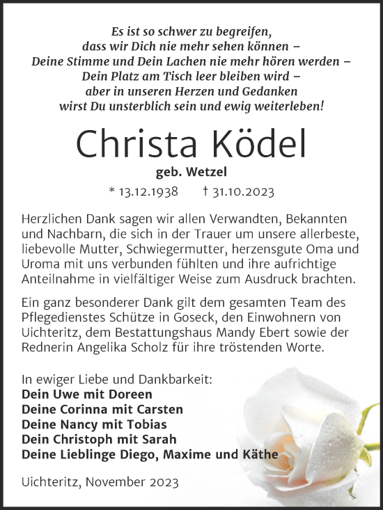Traueranzeige von Christa Ködel von Trauerkombi Weißenfels