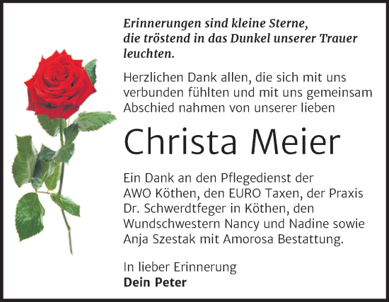 Traueranzeige von Christa Meier von Trauerkombi Köthen
