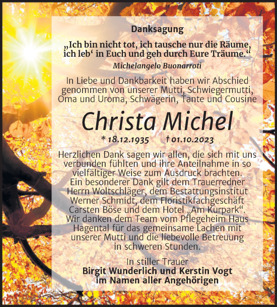 Traueranzeige von Christa Michel von Trauerkombi Quedlinburg