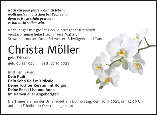 Traueranzeige von Christa Möller von Trauerkombi Sangerhausen