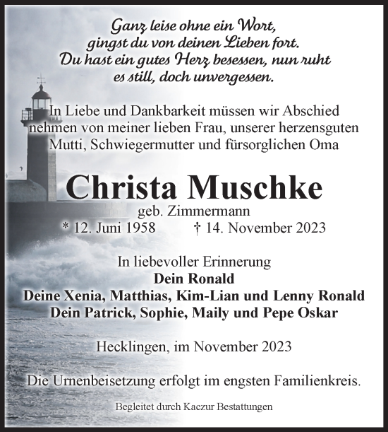 Traueranzeige von Christa Muschke von Volksstimme Staßfurt