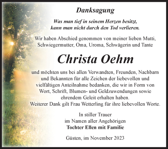 Traueranzeige von Christa Oehm von Volksstimme Staßfurt