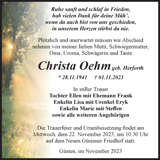 Traueranzeige von Christa Oehm von Volksstimme Staßfurt