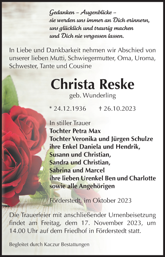 Traueranzeige von Christa Reske von Volksstimme Staßfurt