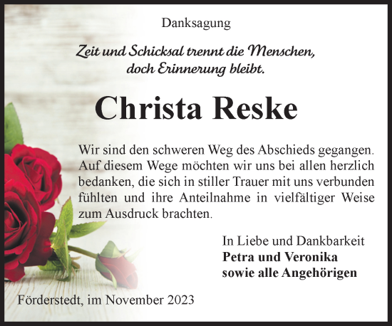 Traueranzeige von Christa Reske von Volksstimme Staßfurt