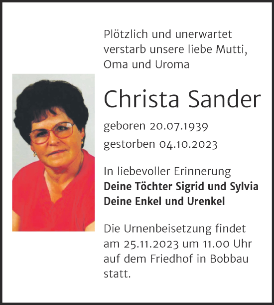Traueranzeige von Christa Sander von Trauerkombi Bitterfeld