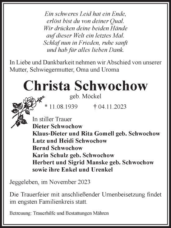 Traueranzeige von Christa Schwochow von Volksstimme Altmark West