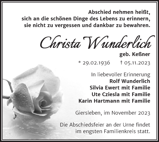 Traueranzeige von Christa Wunderlich von Trauerkombi Aschersleben