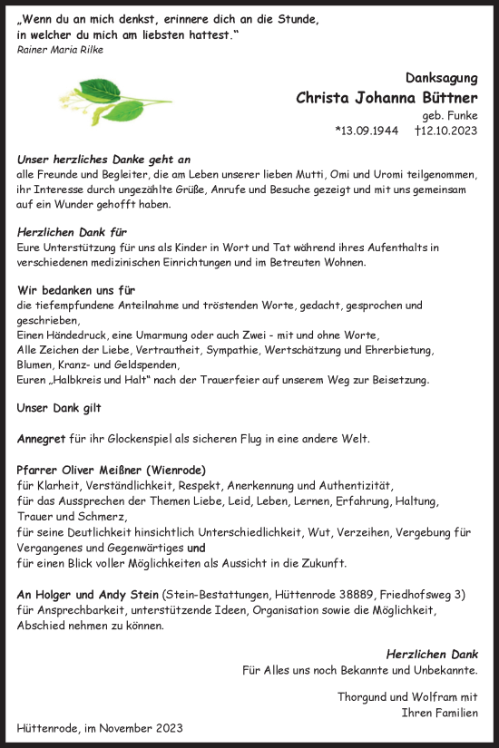 Traueranzeige von Christa Johanna Büttner von Volksstimme Wernigerode