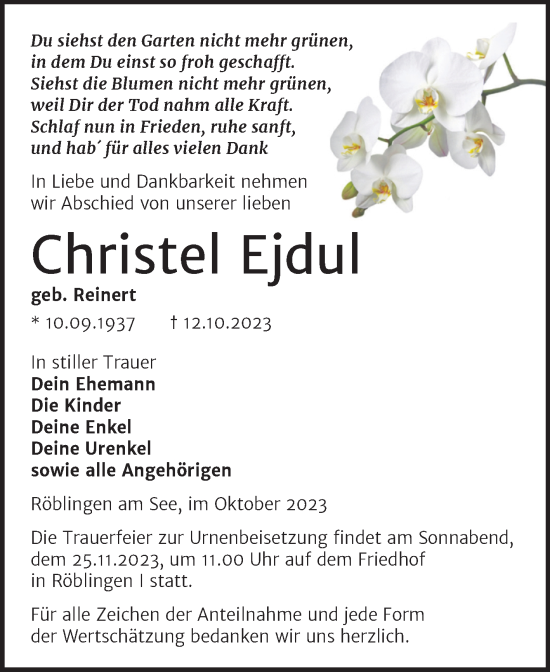 Traueranzeige von Christel Ejdu von Trauerkombi Mansfelder Land