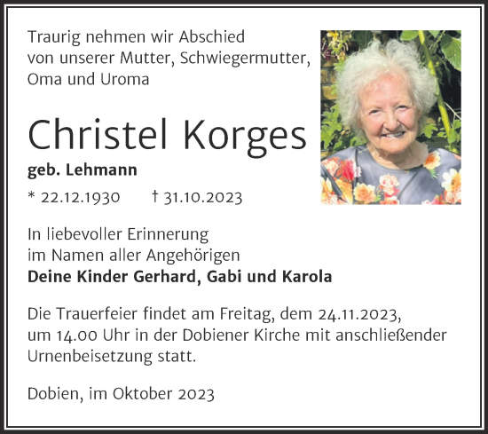 Traueranzeige von Christel Korges von Trauerkombi Wittenberg