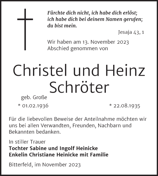 Traueranzeige von Christel und Heinz Schröter von Trauerkombi Bitterfeld