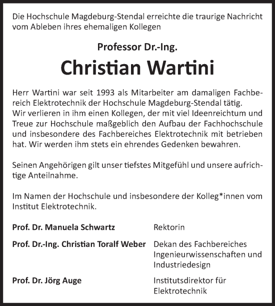 Traueranzeige von Christian Wartini von Volksstimme Magdeburg