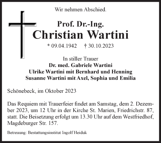 Traueranzeige von Christian Wartini von Volksstimme Magdeburg