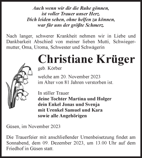 Traueranzeige von Christiane Krüger von Volksstimme Burg/Genthin