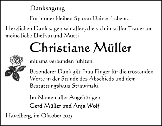 Traueranzeige von Christiane Müller von Volksstimme Altmark Ost