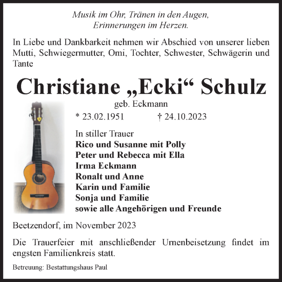 Traueranzeige von Christiane Schulz von Volksstimme Altmark West