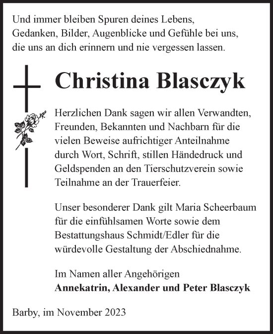 Traueranzeige von Christina Blasczyk von Volksstimme Schönebeck