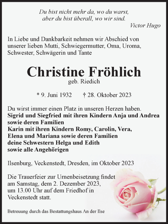 Traueranzeige von Christine Fröhlich von Volksstimme Wernigerode