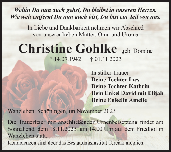 Traueranzeige von Christine Gohlke von Volksstimme Oschersleben/Wanzleben