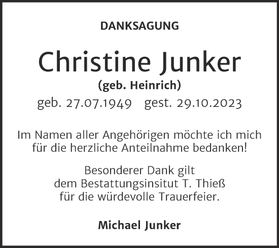 Traueranzeige von Christine Junker von Trauerkombi Quedlinburg