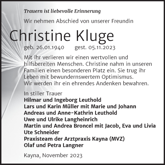 Traueranzeige von Christine Kluge von Trauerkombi Zeitz