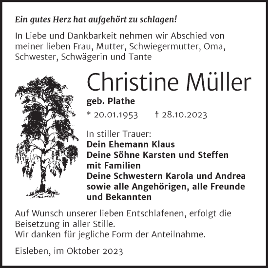 Traueranzeige von Christine Müller von Trauerkombi Mansfelder Land