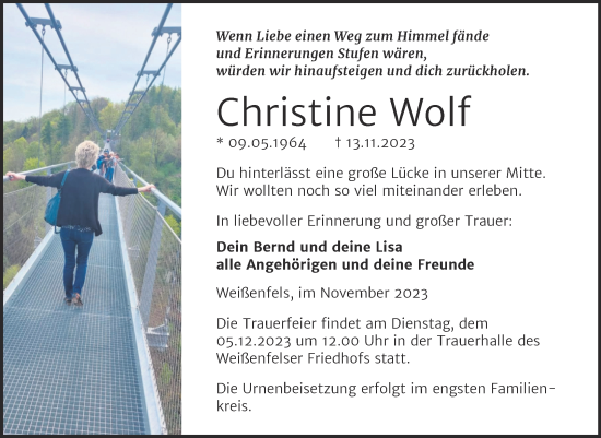 Traueranzeige von Christine Wolf von Trauerkombi Weißenfels