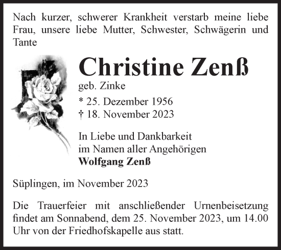 Traueranzeige von Christine Zenß von Volksstimme Haldensleben/Wolmirstedt