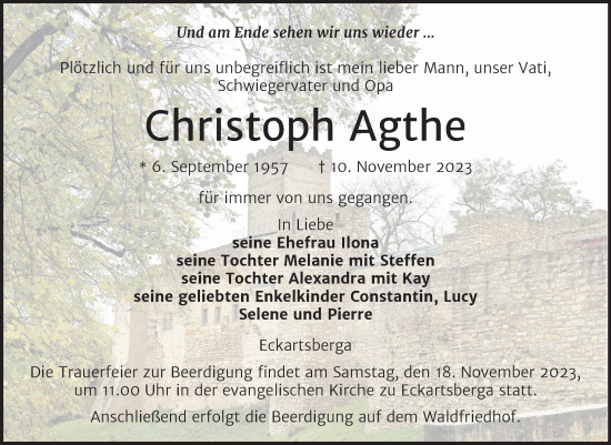 Traueranzeige von Christoph Agthe von Naumburger Tageblatt