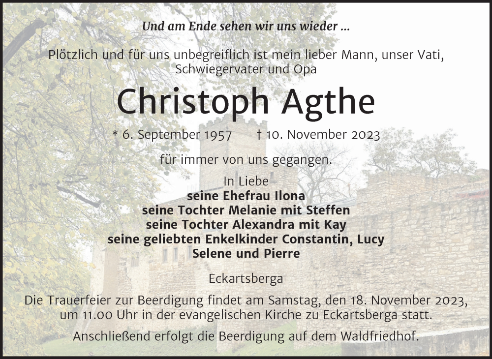  Traueranzeige für Christoph Agthe vom 15.11.2023 aus Naumburger Tageblatt