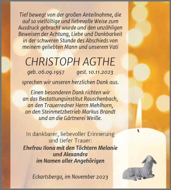 Traueranzeige von Christoph Agthe von Wochenspiegel Naumburg/Nebra