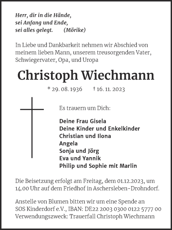 Traueranzeige von Christoph Wiechmann von Mitteldeutsche Zeitung Aschersleben
