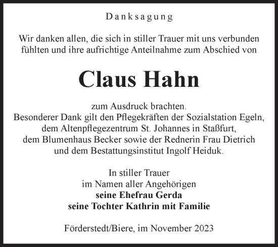 Traueranzeige von Claus Hahn von Volksstimme Staßfurt