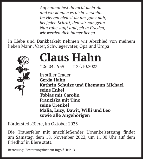 Traueranzeige von Claus Hahn von Volksstimme Staßfurt