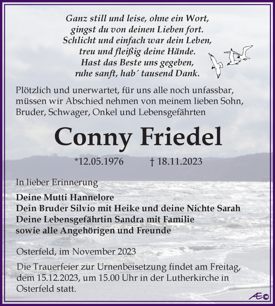  Traueranzeige für Conny Friedel vom 25.11.2023 aus Trauerkombi Zeitz