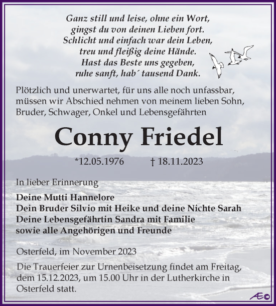 Traueranzeige von Conny Friedel von Trauerkombi Zeitz