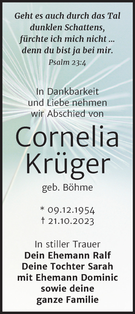 Traueranzeige von Cornelia Krüger von Super Sonntag Köthen