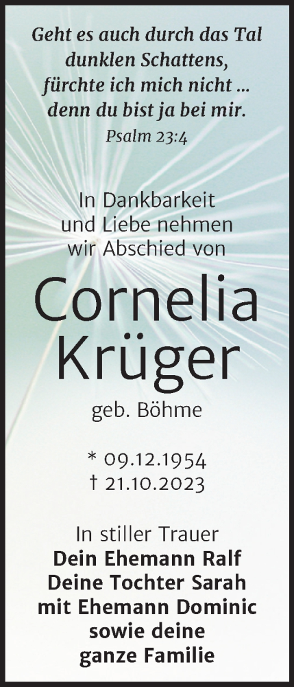 Traueranzeige von Cornelia Krüger von Trauerkombi Köthen
