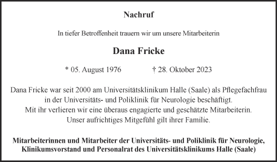 Traueranzeige von Dana Fricke von Mitteldeutsche Zeitung Halle/Saalkreis