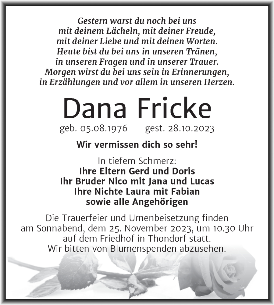  Traueranzeige für Dana Fricke vom 04.11.2023 aus Trauerkombi Mansfelder Land