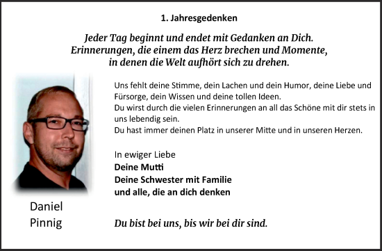Traueranzeige von Daniel Pinnig von Trauerkombi Wittenberg