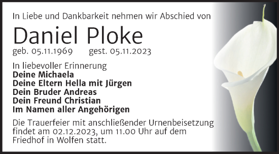 Traueranzeige von Daniel Ploke von Trauerkombi Bitterfeld