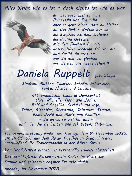 Traueranzeige von Daniela Ruppelt von Volksstimme Altmark Ost