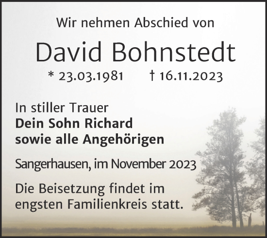 Traueranzeige von David Bohnstedt von Trauerkombi Sangerhausen