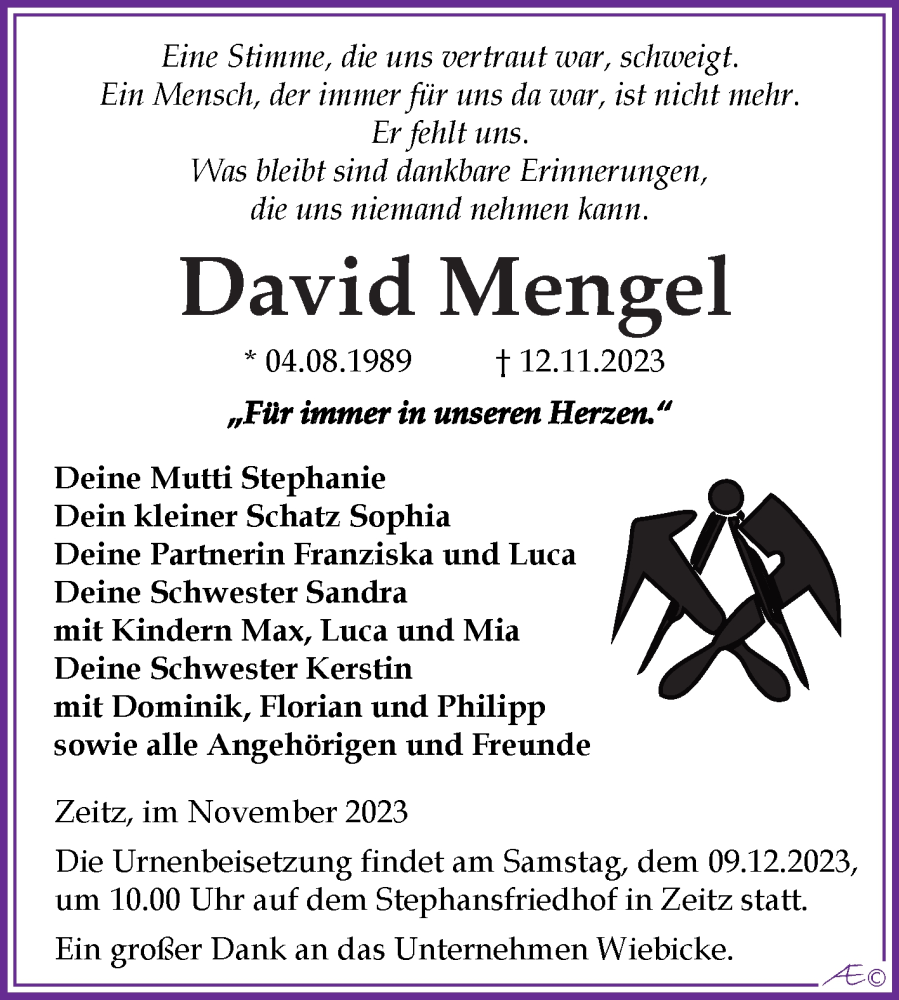  Traueranzeige für David Mengel vom 18.11.2023 aus Trauerkombi Zeitz