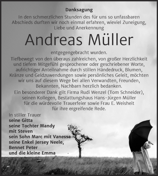 Traueranzeige von Andreas Müller von Trauerkombi Aschersleben