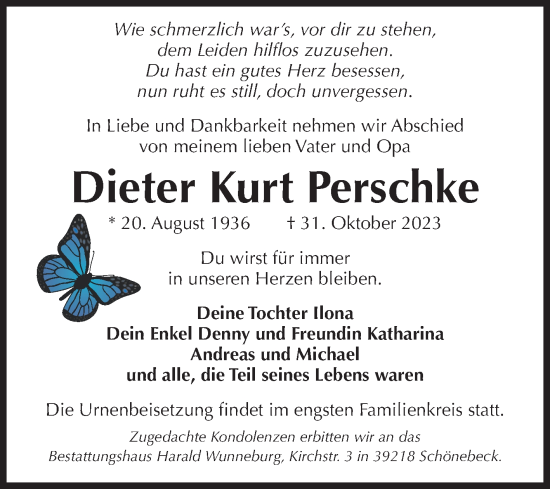 Traueranzeige von Dieter Kurt Perschke von Volksstimme Schönebeck