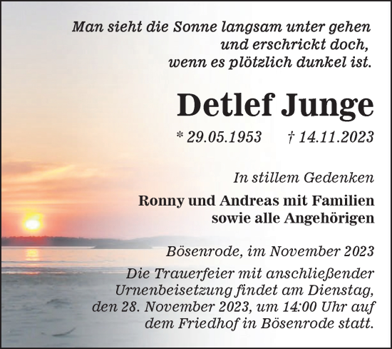 Traueranzeige von Detlef Junge von Trauerkombi Sangerhausen